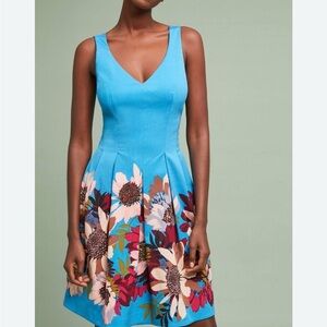 Anthropologie Spring Daisy Fit & Flare Turquoise Blue Dress by Tracy Reese Sz 4